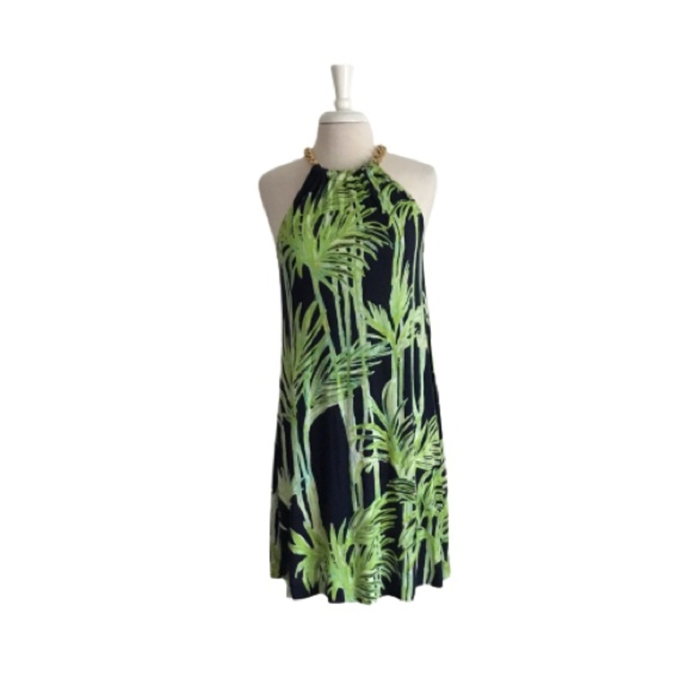 Lilly Pulitzer Lara “Big Bam” Gold Chain Halter Dress 100% Silk Jersey Size XS